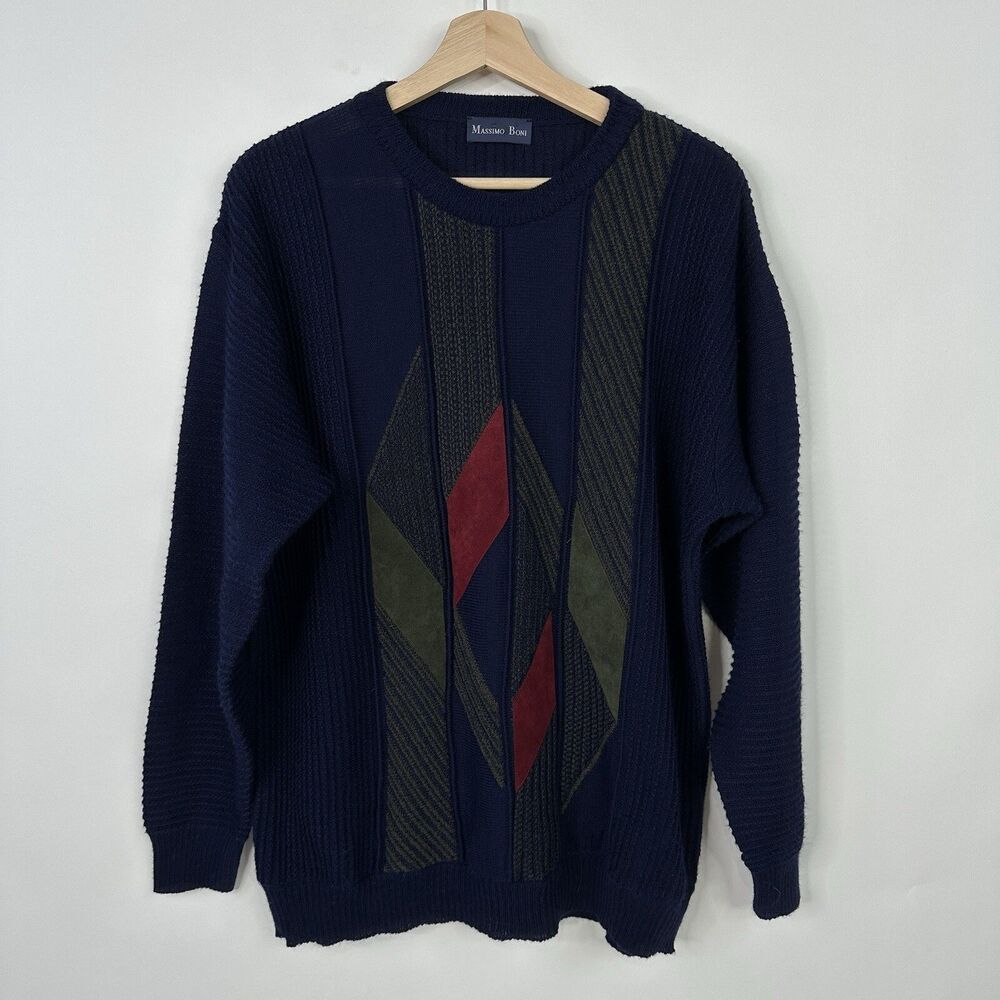 Vintage Massimo Boni Sweater Men L Large Navy Wool Blend Applique Streetwear 90s